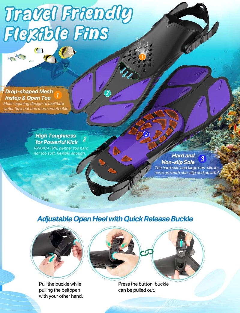 Zenoplige Mask Fins Snorkel Set, Snorkeling Gear for Adults, Panoramic View Snorkel Mask Anti-Fog, Adjustable Dive Flippers, Dry Top Snorkel and Travel Bag, Scuba Gear for Swimming Snorkeling Diving - Image 4